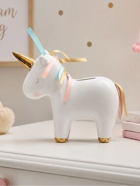 Baby Aspen Ceramic Unicorn Piggy Bank White Gold Pastel Ribbon Mane Nursery Deco